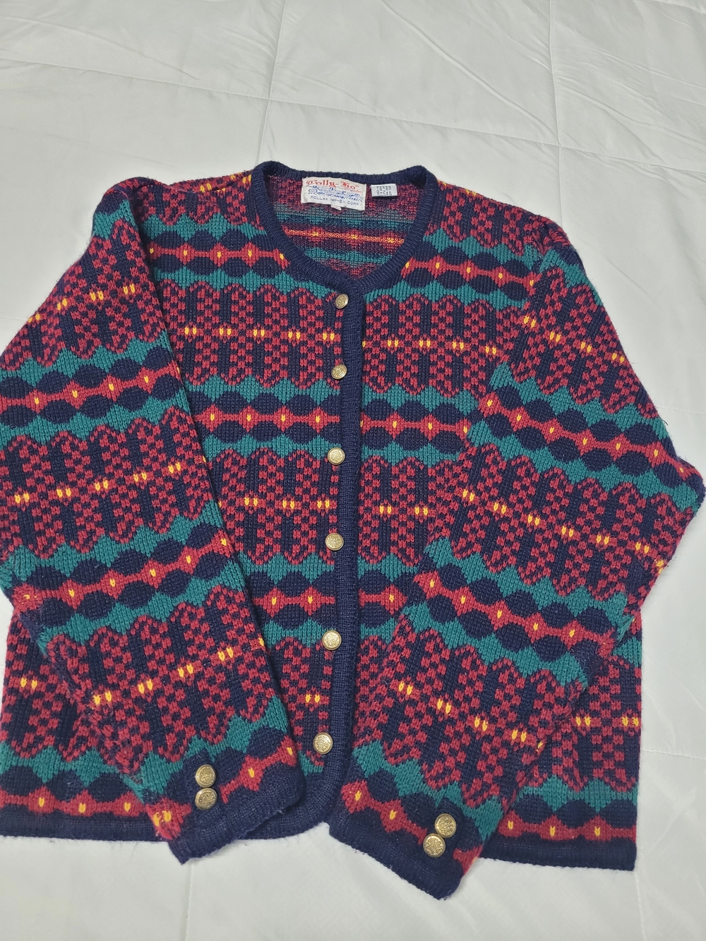 Tally Ho Navy, Teal & Red Geometric Crewneck Cardigan